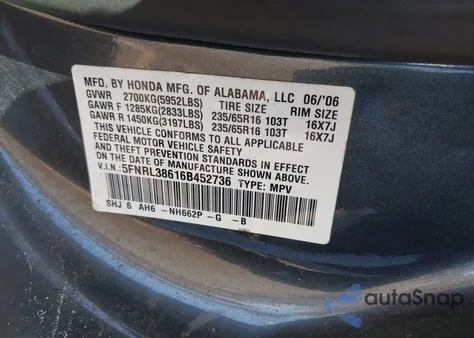 2006 Honda Odyssey Ex-L z USA, uszkodzony, nr VIN 5FNRL38616B452736